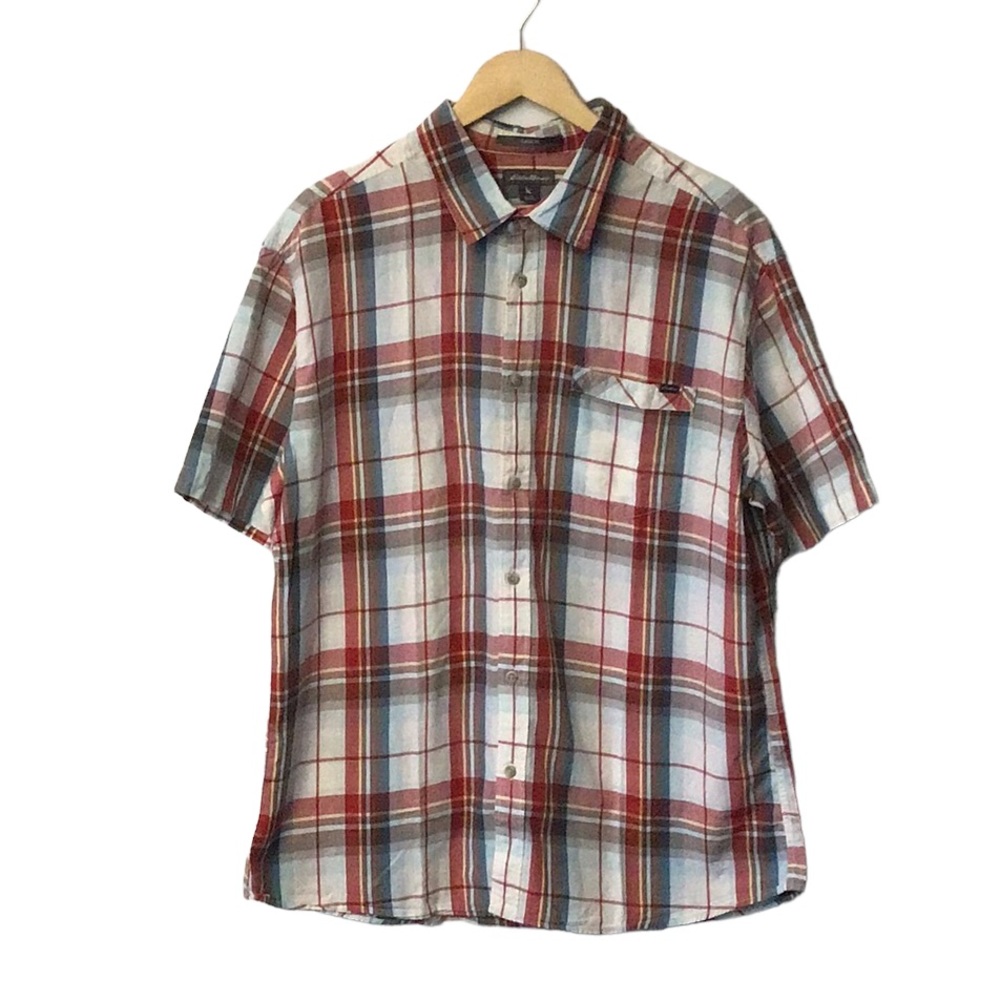 Eddie Bauer 100% Cotton Plaid Button Down Short Sleeve Short, size XL